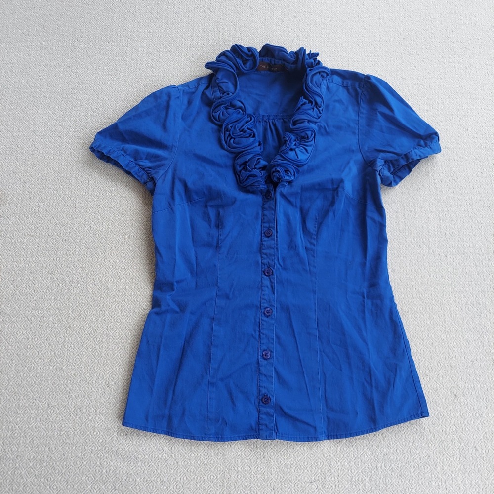 The Limited Blouse Womens Small Blue Ruffle Neck Short Sleeve Button Down Office